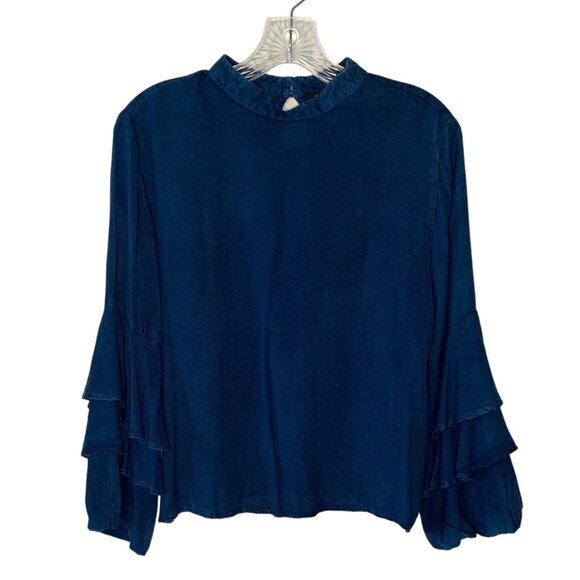 STYLE HOUSE Dark-Wash Chambray High-Neck Tiered Ruffle Sleeve Blouse NWT Large - Picture 1 of 8